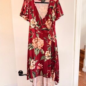 High-Low Floral Wrap Dress in Burgundy